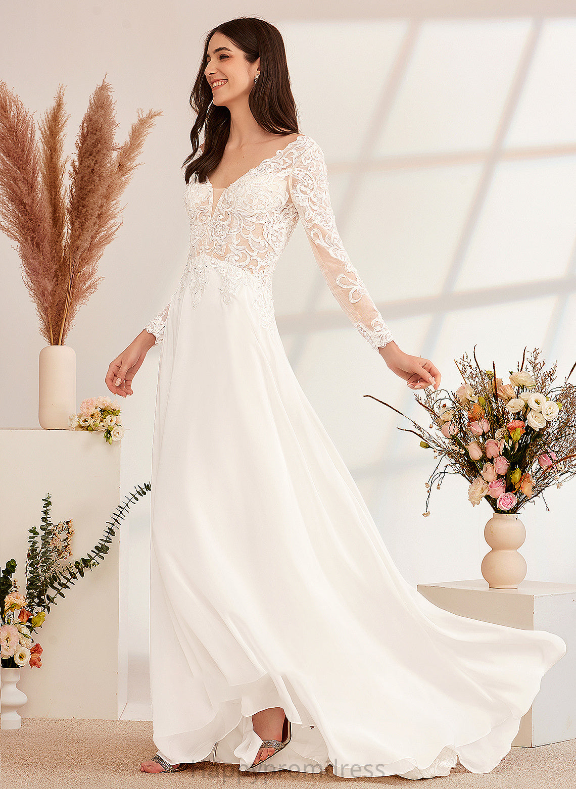 Beading Kendall Wedding Train Dress With Wedding Dresses V-neck Sweep A-Line