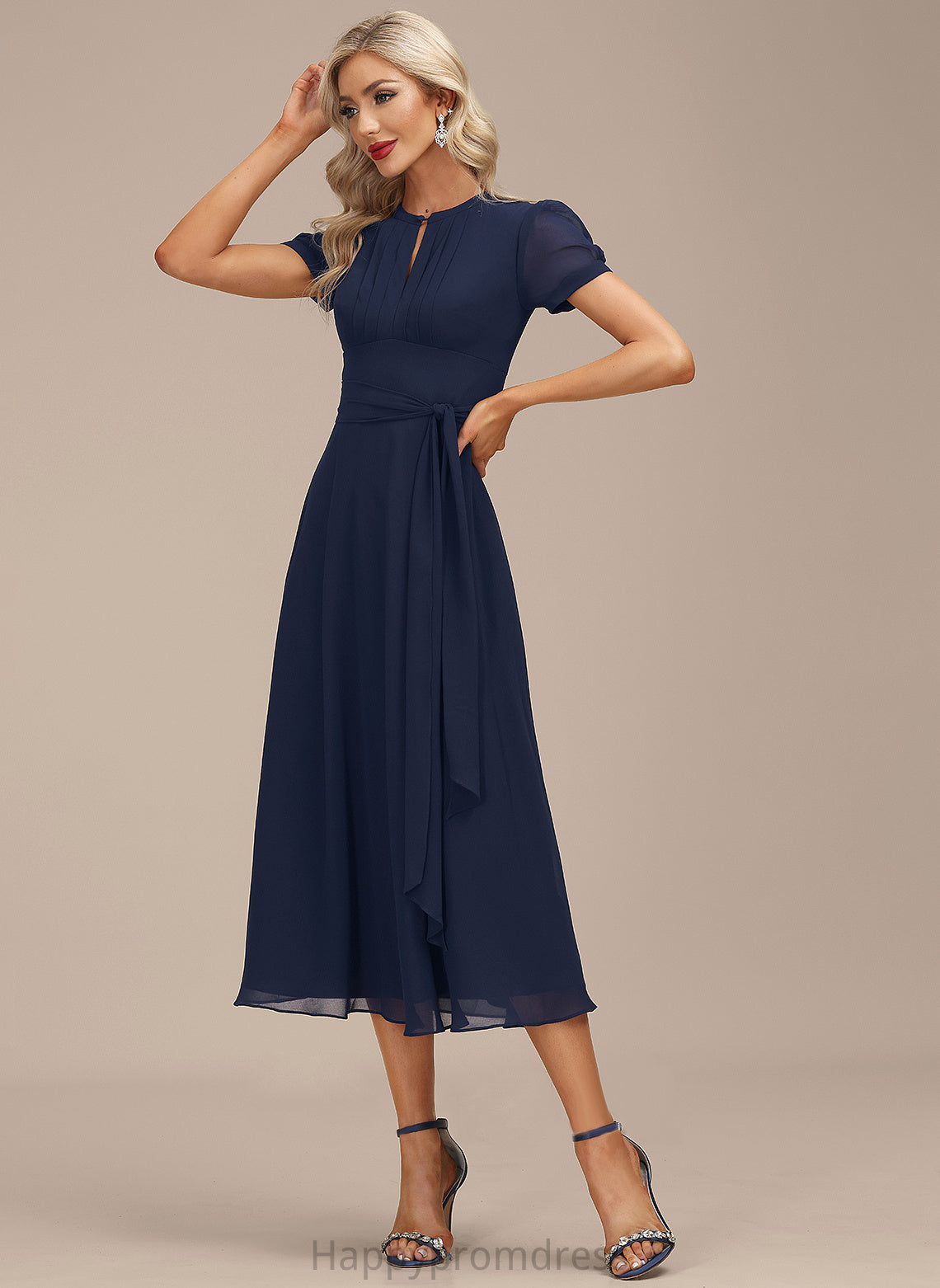 Scoop Cocktail Dresses Ruffle Chiffon Bethany A-Line Tea-Length Dress Neck With Cocktail