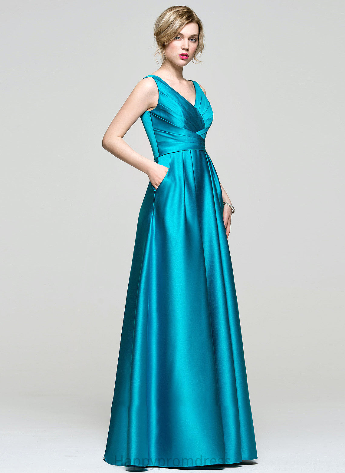 Pockets Satin Ruffle V-neck With Alena Floor-Length Prom Dresses Ball-Gown/Princess