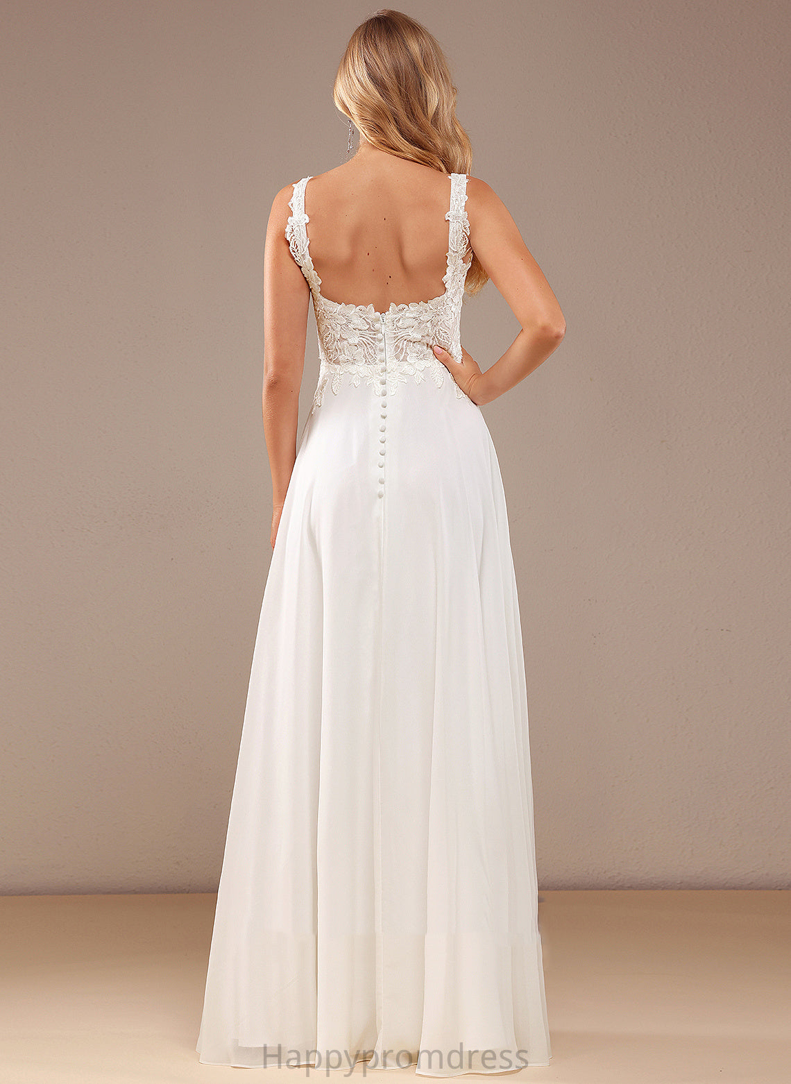 A-Line Neckline Wedding Square Chiffon Sequins Wedding Dresses Floor-Length Dress Leanna Lace Lace With