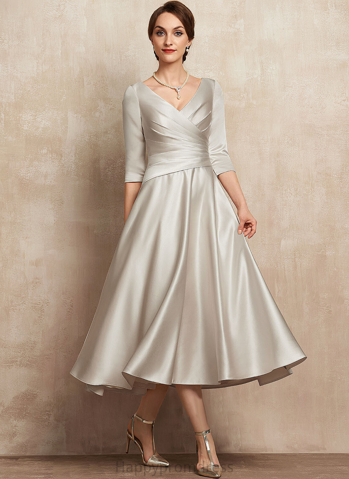 Bride Mother of the Bride Dresses Satin Mother Brenda A-Line With Ruffle Tea-Length V-neck Dress of the