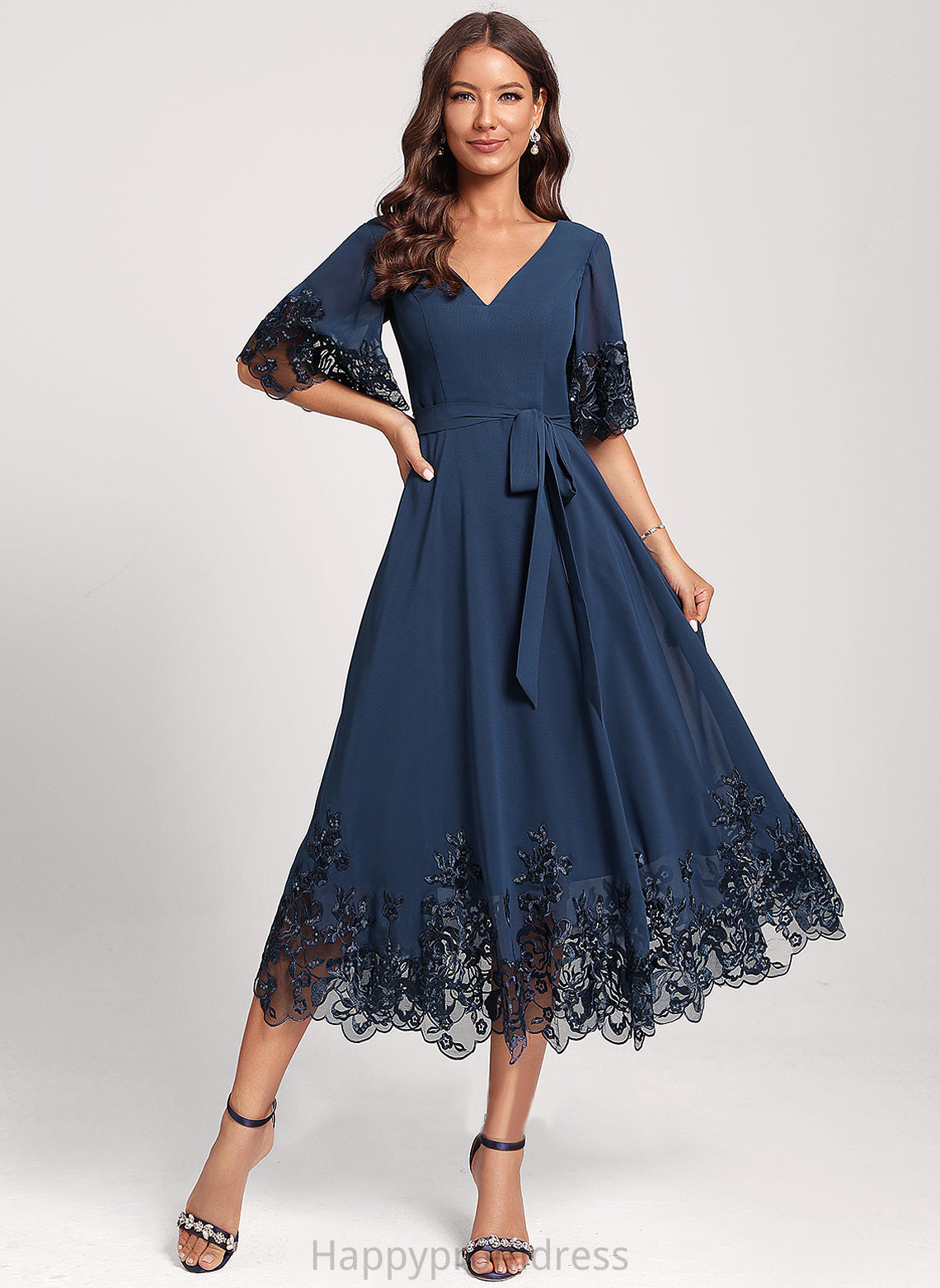 Cocktail Sequins Anya Dress A-Line V-neck Club Dresses Chiffon With Tea-Length Lace