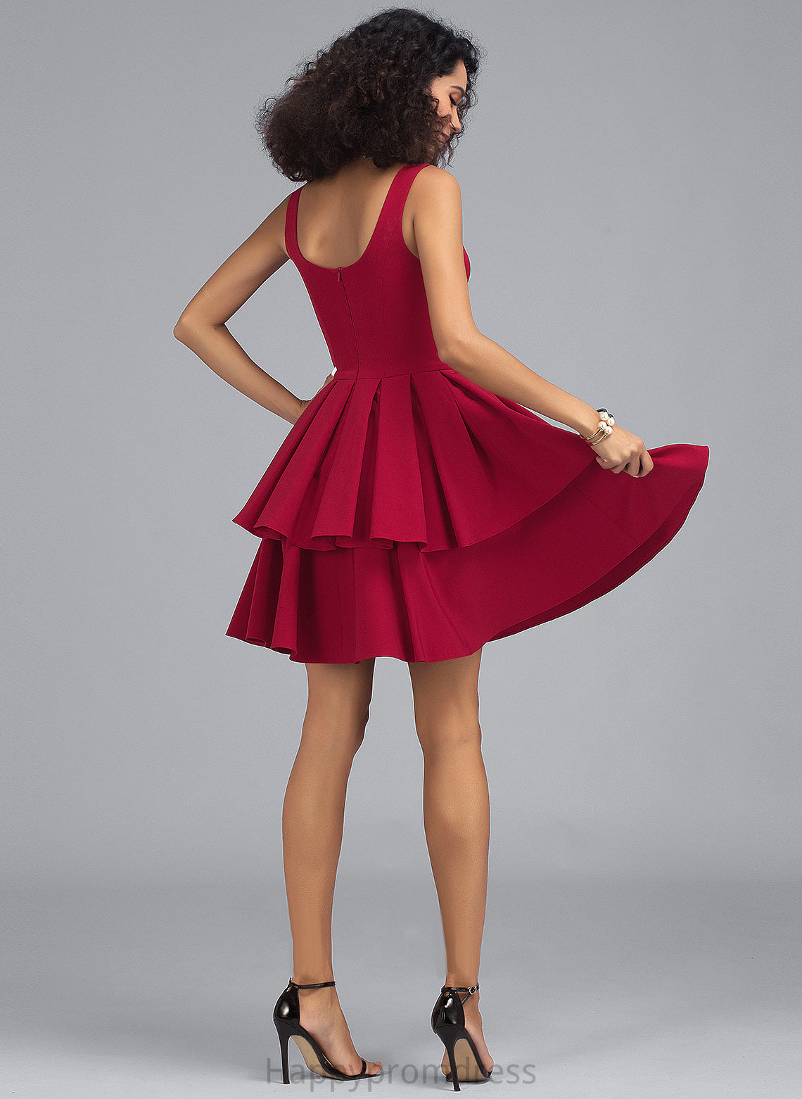 V-neck Shyann Crepe Stretch With Short/Mini Dress Homecoming Dresses Ruffles Cascading Homecoming A-Line