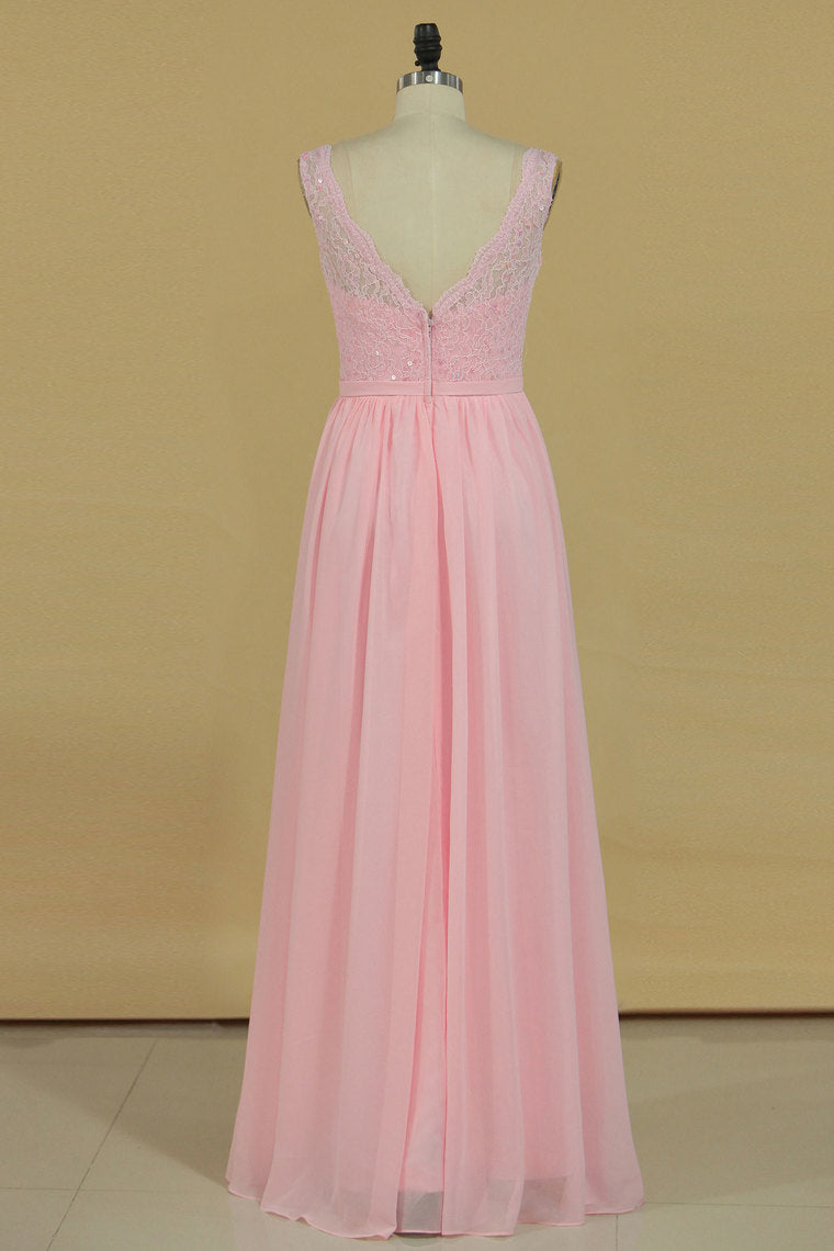 2024 Bridesmaid Dresses V Neck A Line Chiffon With Beads Floor Length