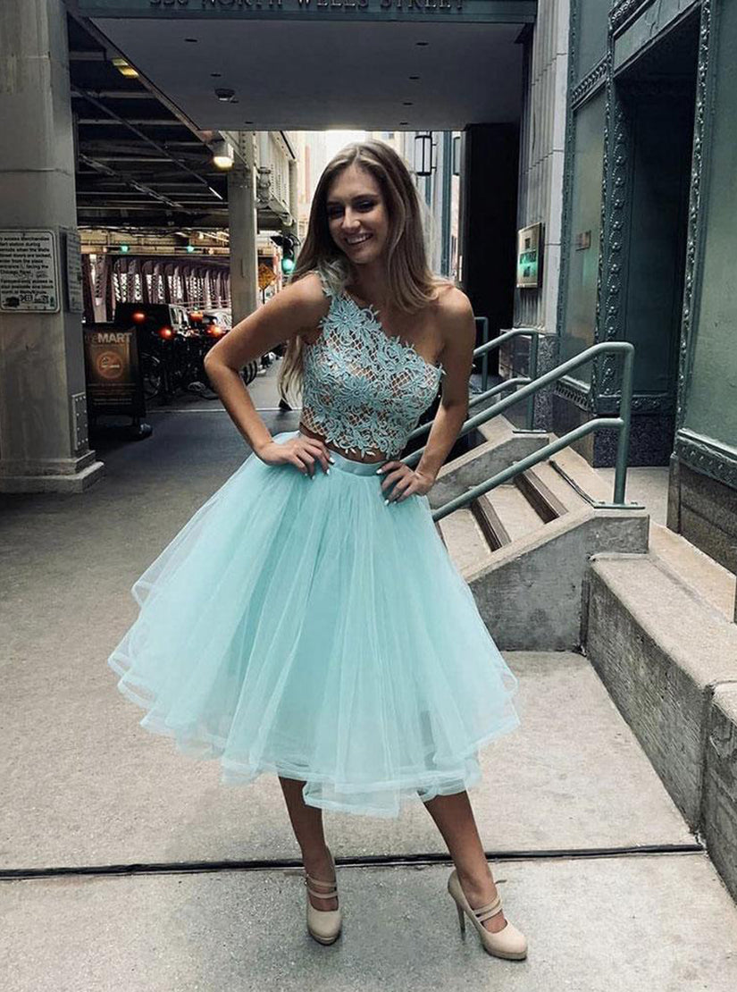 Two Pieces One Shoulder Tulle Lace Short Homecoming Dresses