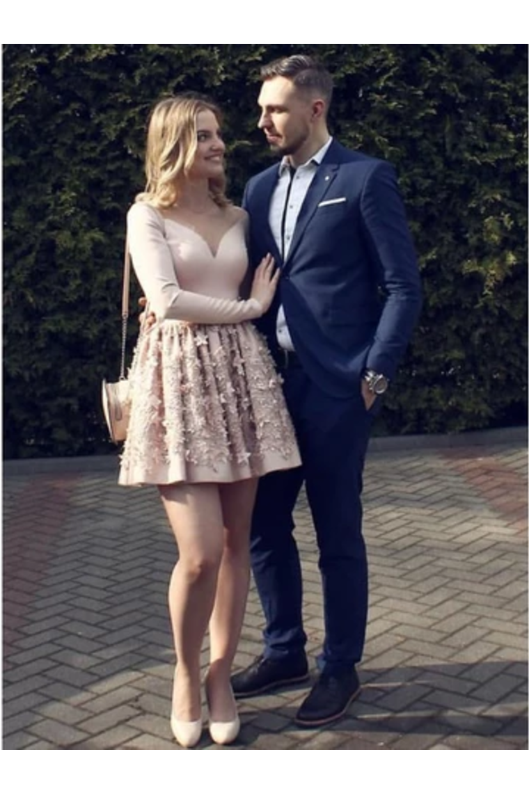 A-Line Nude Long Sleeve Short Homecoming Party Dress With Flowers