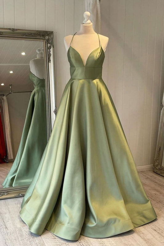 Green Simple A Line Satin Spaghetti Straps Long Prom Dresses