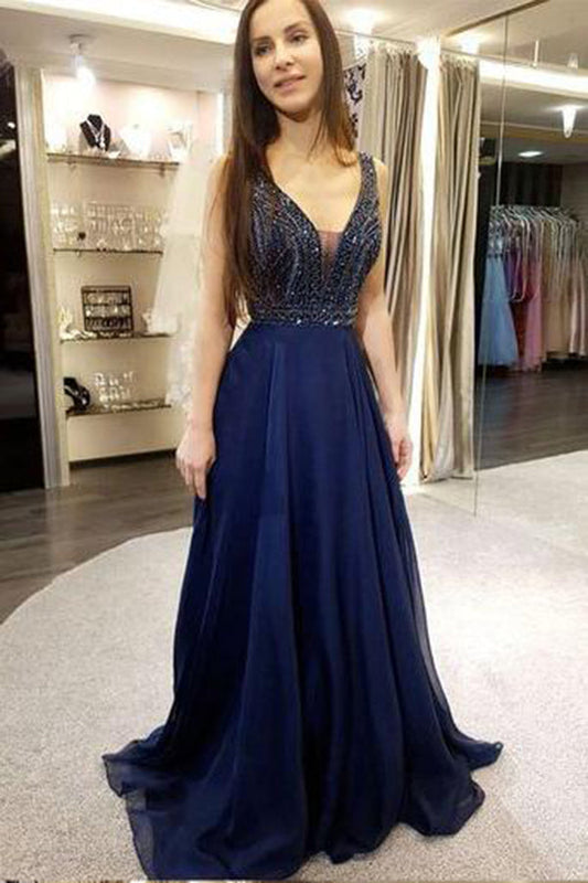 Chic Deep V Neck Open Back A Line With Beading Prom Dresses