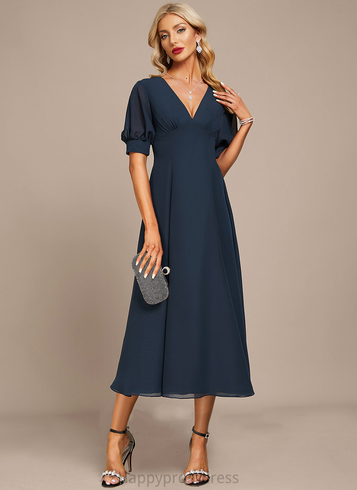 Tea-Length Dress Cocktail Chiffon V-neck A-Line Ruffle Shayna With Cocktail Dresses