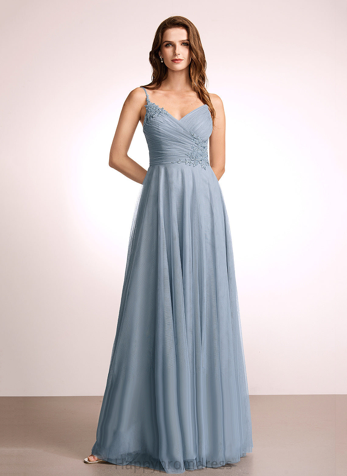 V-neck Tulle Neckline Straps&Sleeves Fabric A-Line Floor-Length Length Lace Silhouette Kadence Natural Waist Bridesmaid Dresses