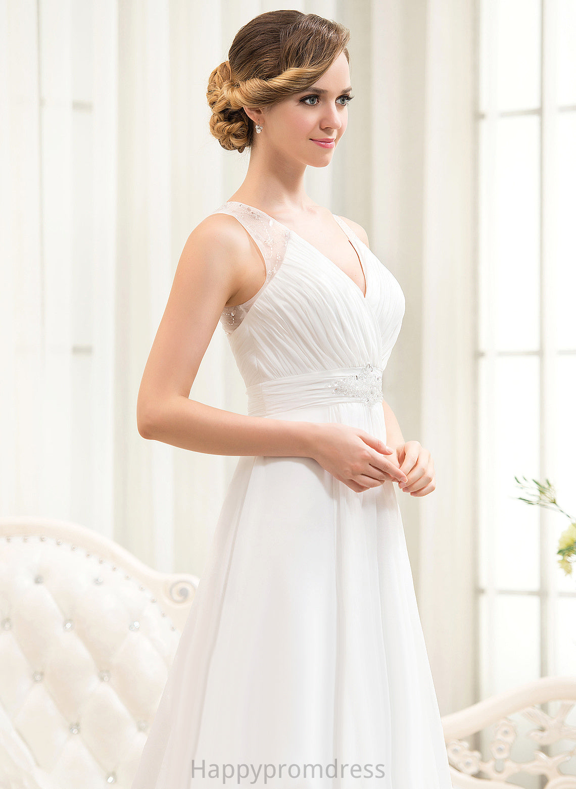 Train Sweep Wedding Dresses A-Line Ruffles Dress Beading Sequins Avah Chiffon V-neck Wedding With Tulle Cascading