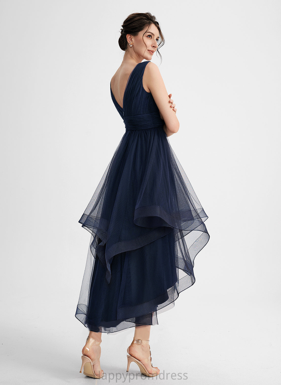 Adrienne Asymmetrical Tulle Cascading V-neck With A-Line Dress Pleated Cocktail Cocktail Dresses Ruffles