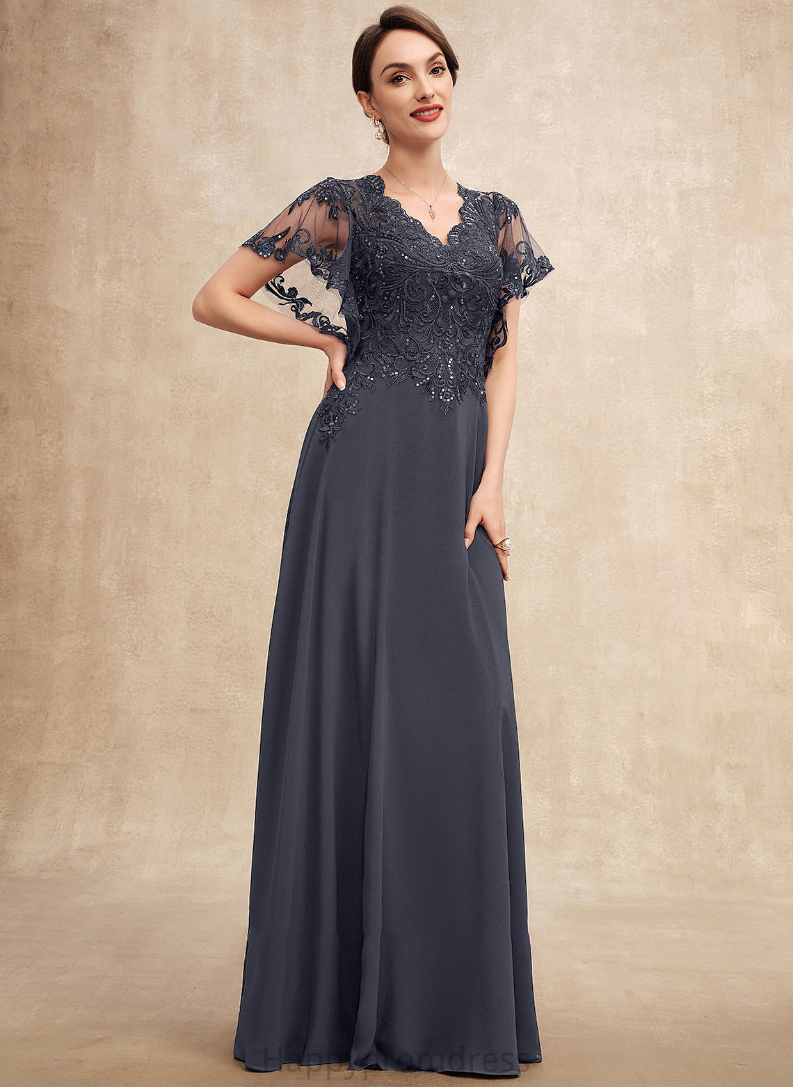 Mother A-Line Chiffon Lace Natasha Dress of Sequins V-neck Bride the With Floor-Length Mother of the Bride Dresses