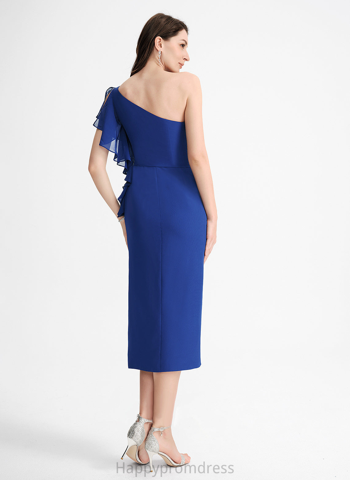 One-Shoulder With Dress Sheath/Column Ruffle Chiffon Tea-Length Marcia Cocktail Dresses Cocktail