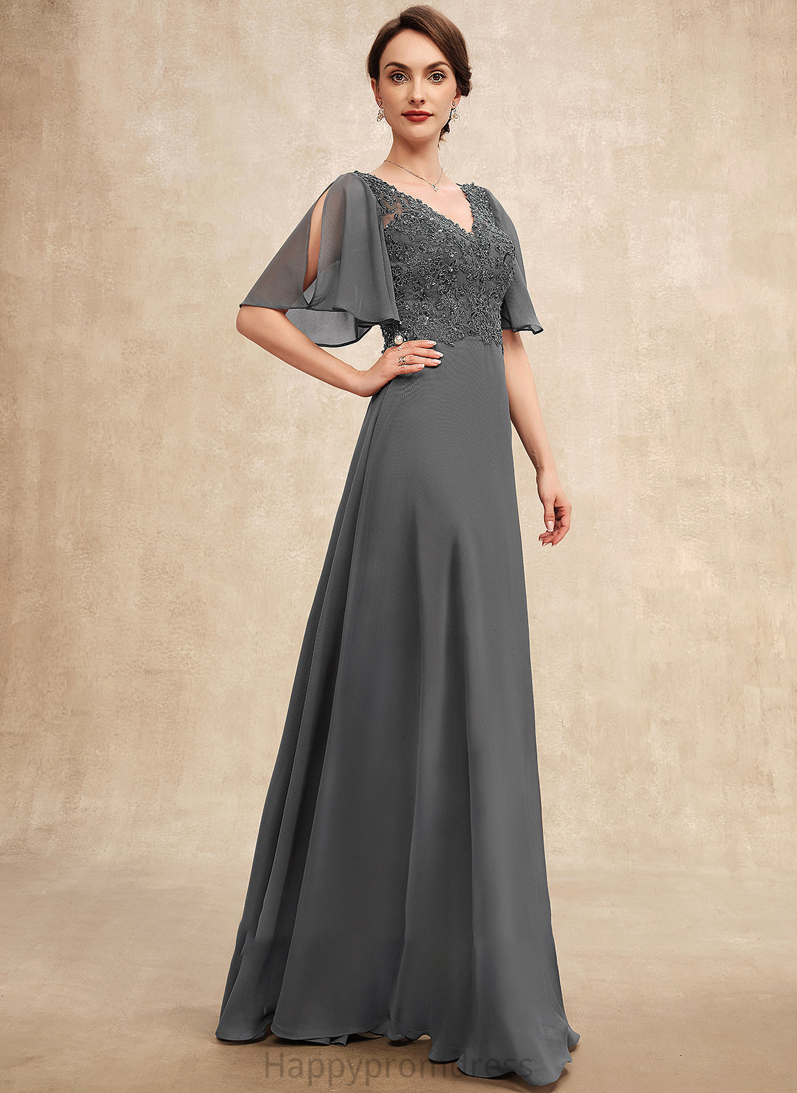 Bride of V-neck A-Line Mother of the Bride Dresses Floor-Length Dress Lace Hope Mother Sequins Beading With Chiffon the