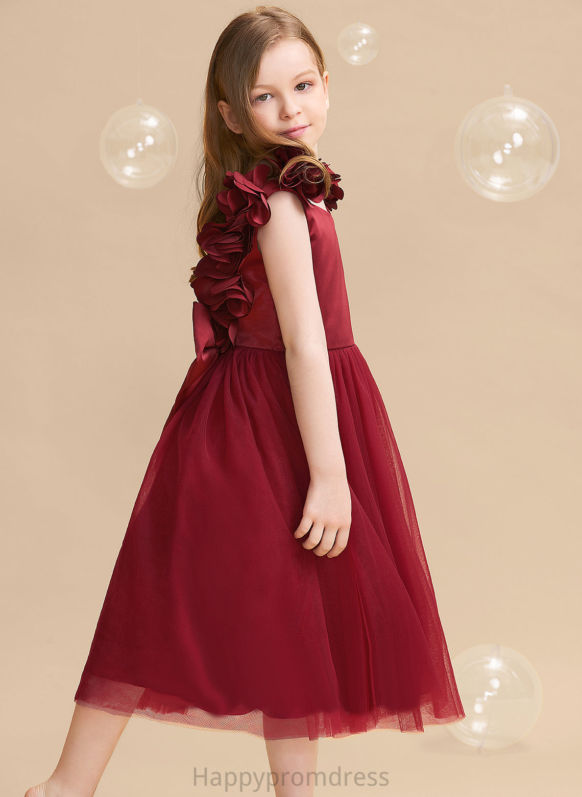 - With Flower(s)/Bow(s) Flower Satin/Tulle Flower Girl Dresses Nora V-neck A-Line Girl Dress Sleeveless Tea-length