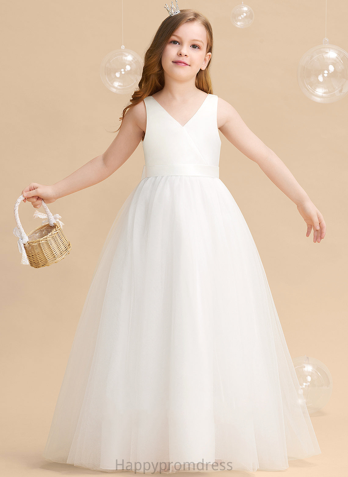 V-neck Bow(s)/V Floor-length Evie - Back Flower Tulle Ball-Gown/Princess Girl Flower Girl Dresses With Sleeveless Dress