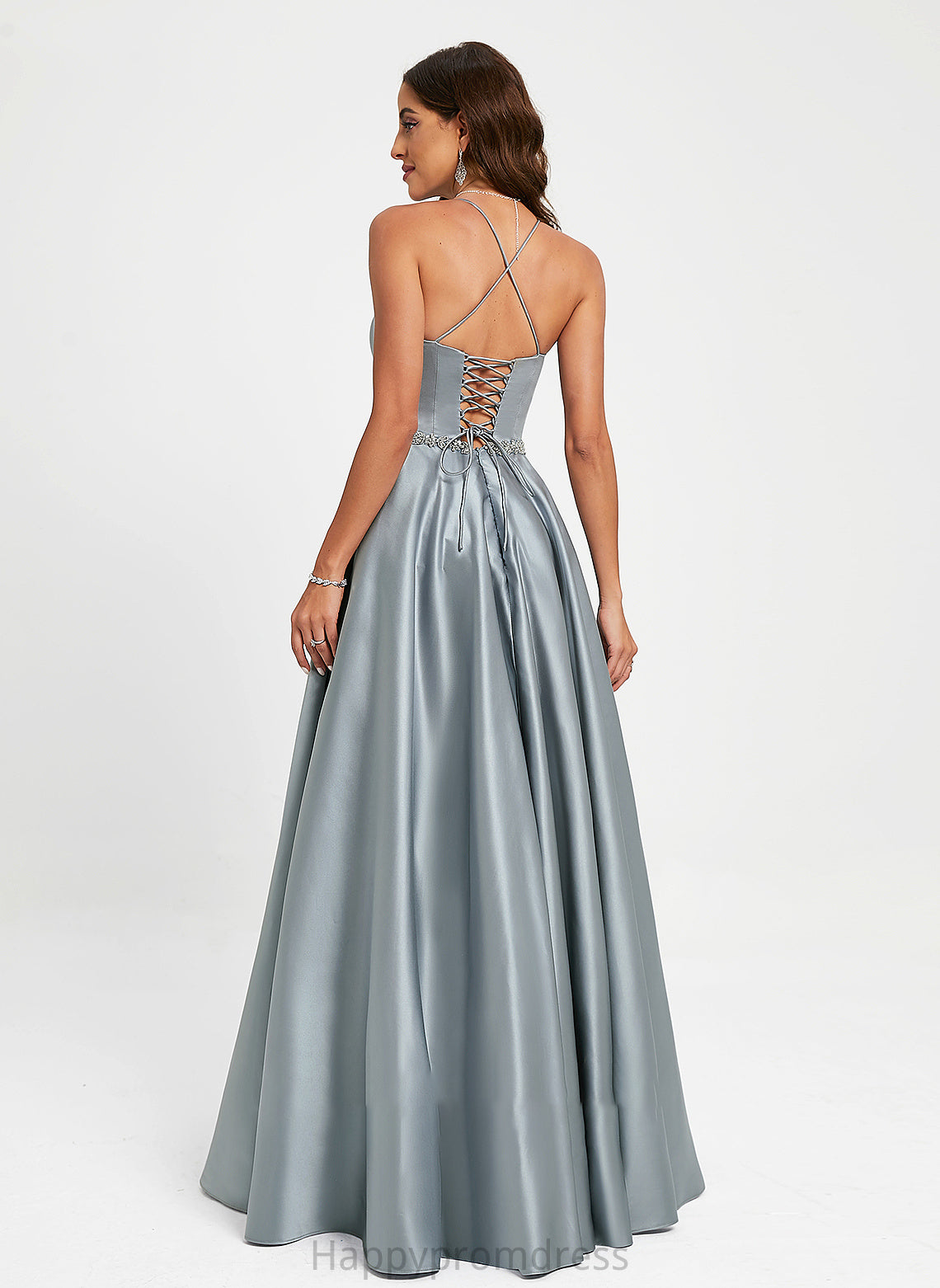 A-Line Neck Beading With Pru Scoop Prom Dresses Satin Floor-Length