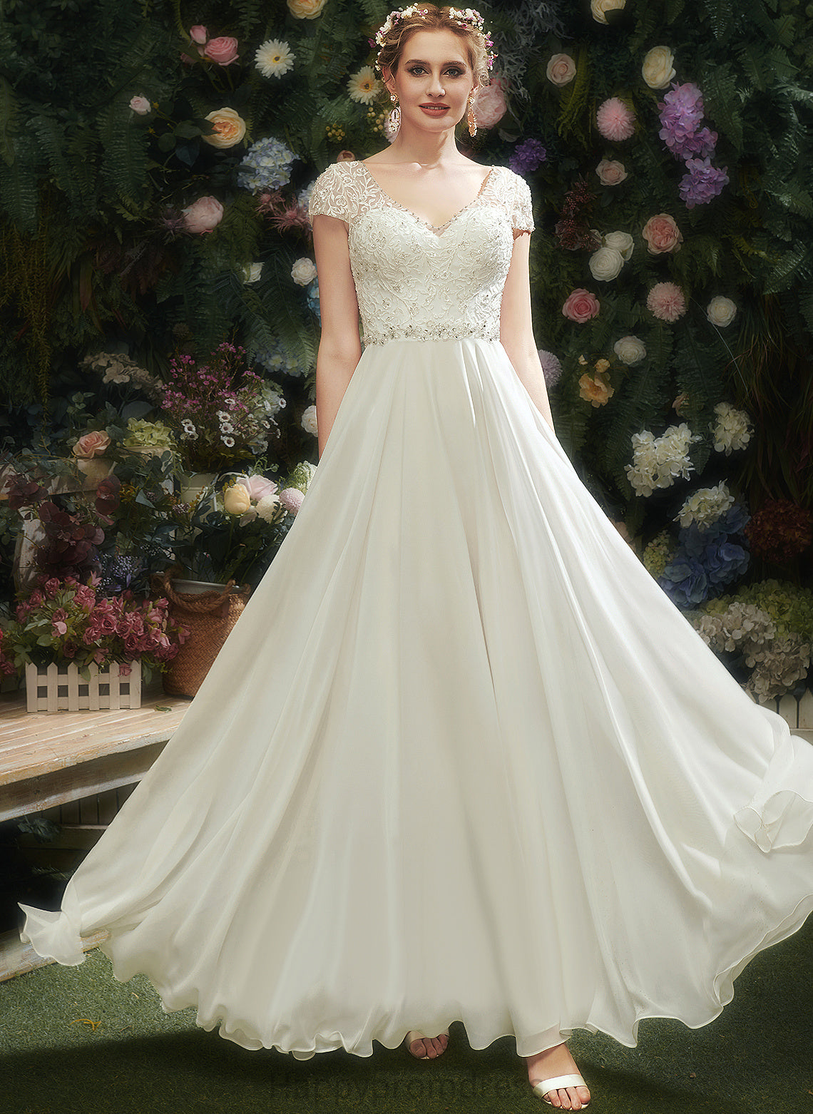 Wedding Dresses A-Line Wedding Floor-Length V-neck With Chiffon Beading Kylee Sequins Dress Lace