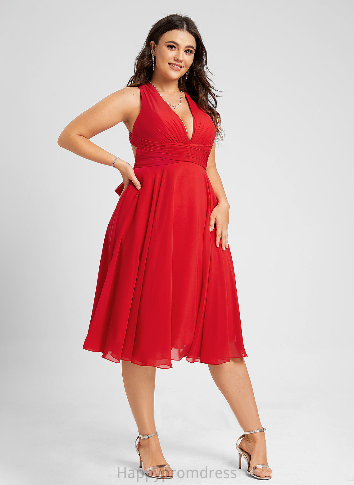 Dress Chiffon Moriah Ruffle Knee-Length With Cocktail Bow(s) A-Line V-neck Cocktail Dresses