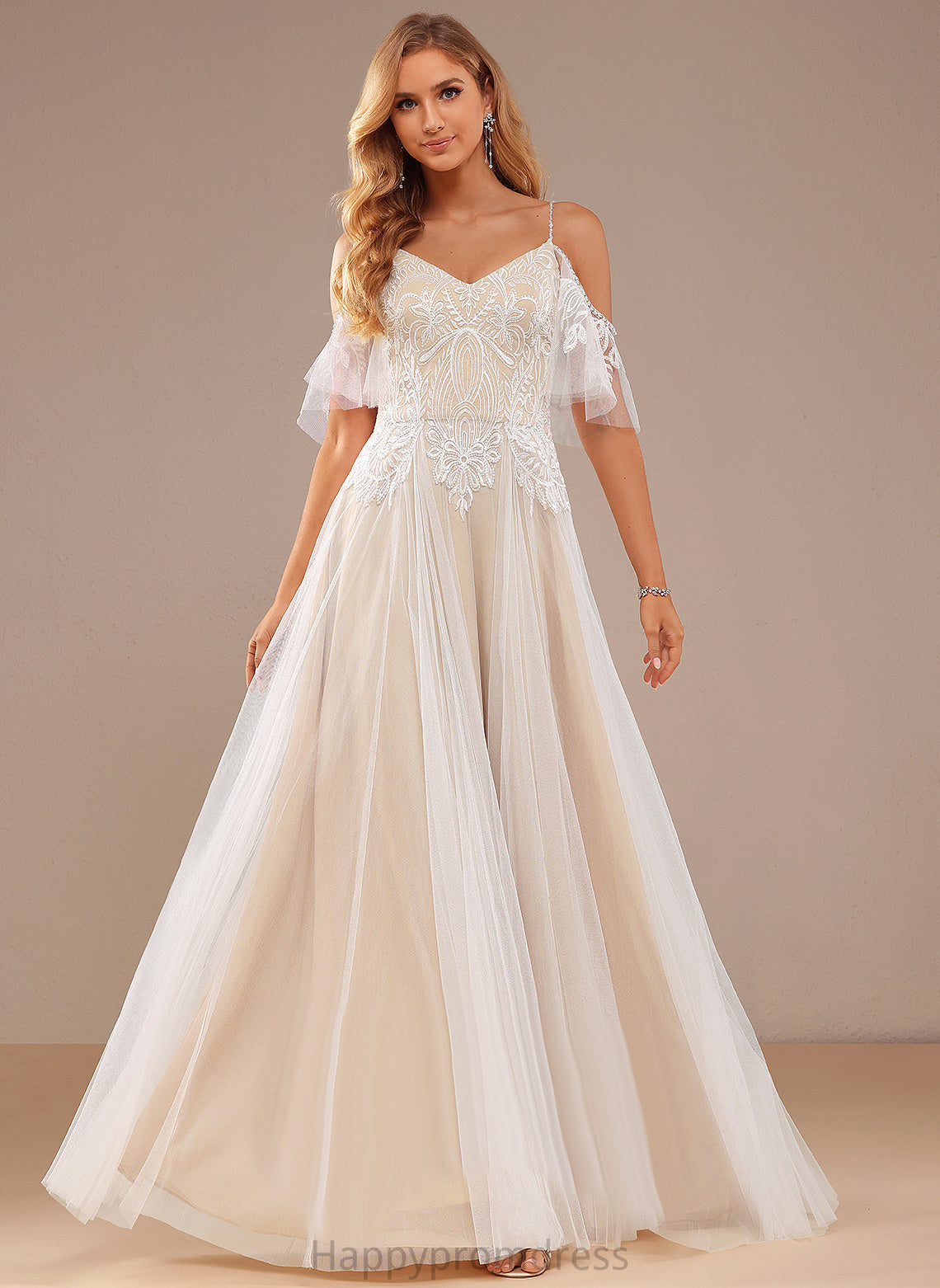 Yoselin Wedding Dresses A-Line Ruffle V-neck Beading With Lace Lace Dress Sequins Tulle Floor-Length Wedding