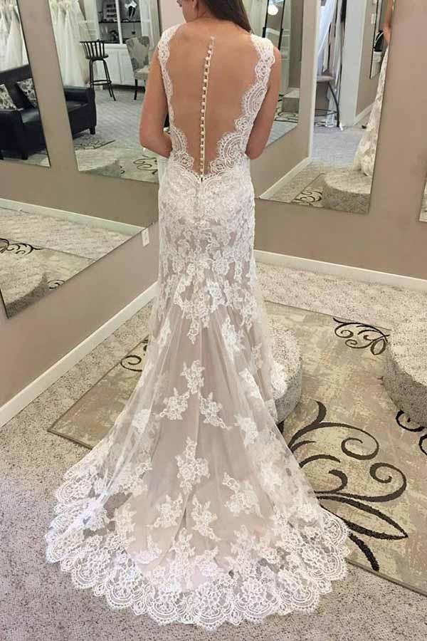 Mermaid Round Neck Sleeves Lace Appliques Sweep Train Wedding Dresses