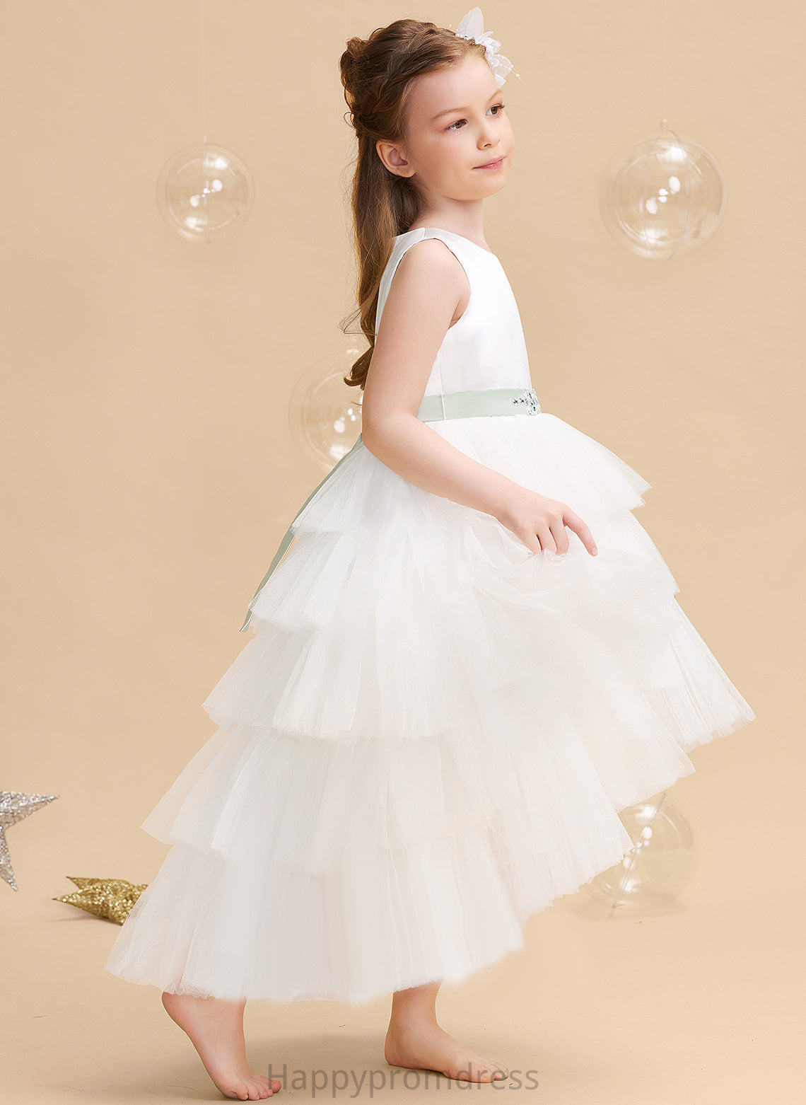 - With Flower Ball-Gown/Princess Tulle Asymmetrical Brooklynn (Detachable Neck Girl sash) Scoop Sash/Beading Flower Girl Dresses Sleeveless Dress