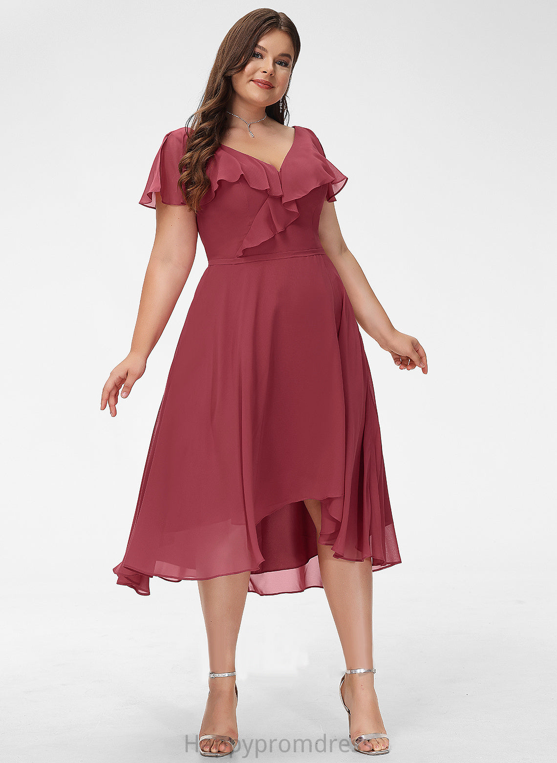 A-Line Dress Cocktail V-neck Asymmetrical With Chiffon Gianna Ruffle Cocktail Dresses