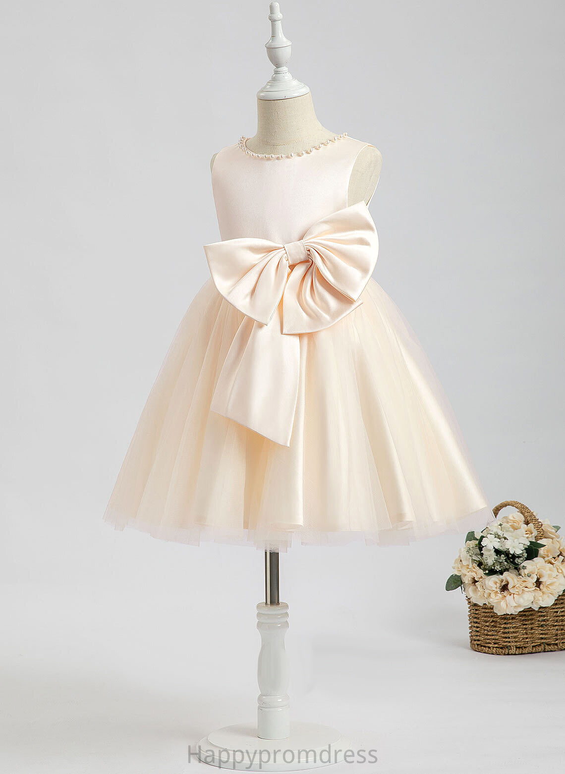 With Scalloped Sleeveless Girl - Flower Girl Dresses A-Line Knee-length Pru Satin Dress Beading/Bow(s) Flower Neck