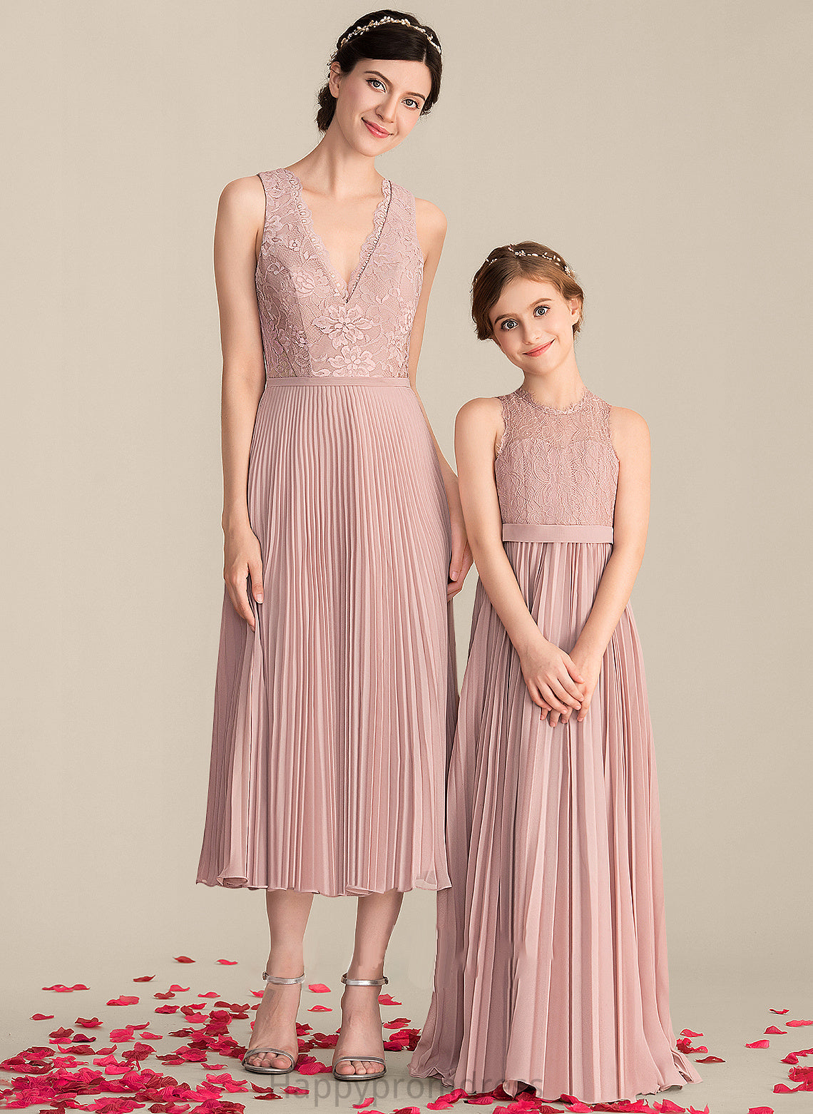 Pleated Fabric V-neck Embellishment Neckline Length Silhouette A-Line Tea-Length Phoebe Straps Natural Waist Bridesmaid Dresses