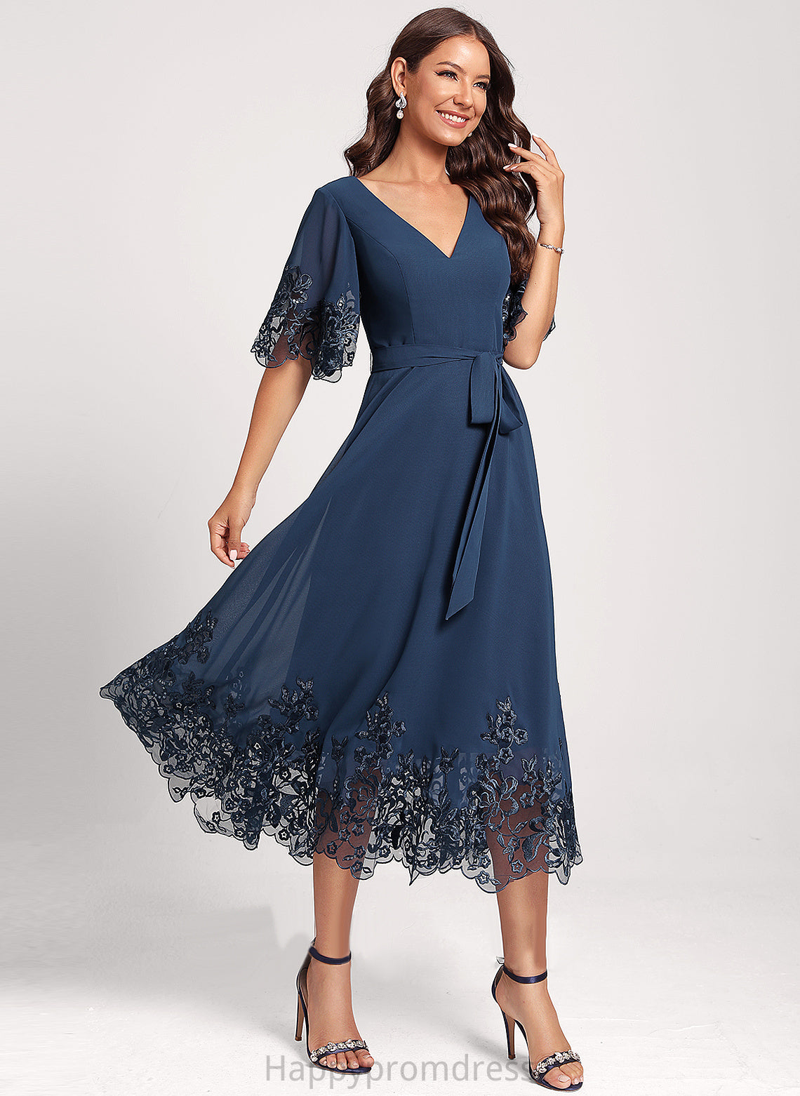 Cocktail Sequins Anya Dress A-Line V-neck Club Dresses Chiffon With Tea-Length Lace