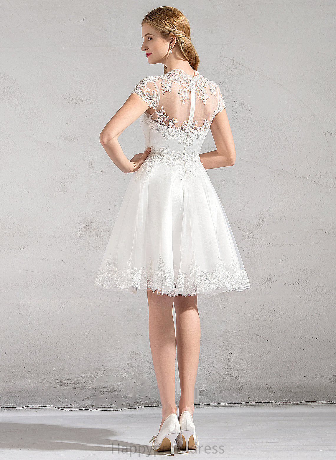 Wedding Tulle Beading Lace Knee-Length Dress Appliques Sequins With Wedding Dresses Lace A-Line Jazmin V-neck