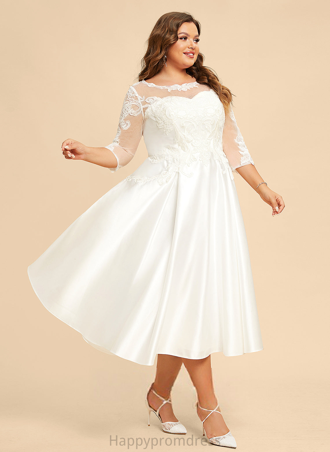 Illusion A-Line Lace With Satin Wedding Tea-Length Wedding Dresses Dress Louisa