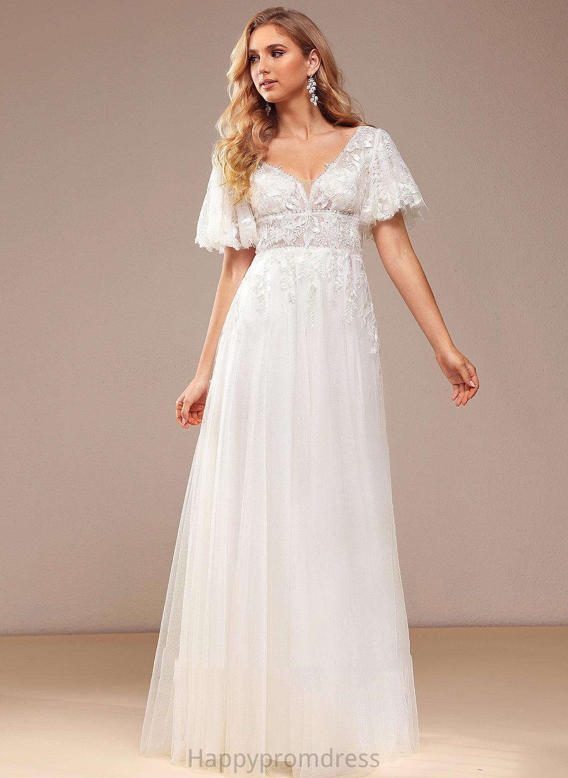 With Lace Tulle Lace Karma Floor-Length Wedding A-Line Sequins Wedding Dresses Beading Dress V-neck