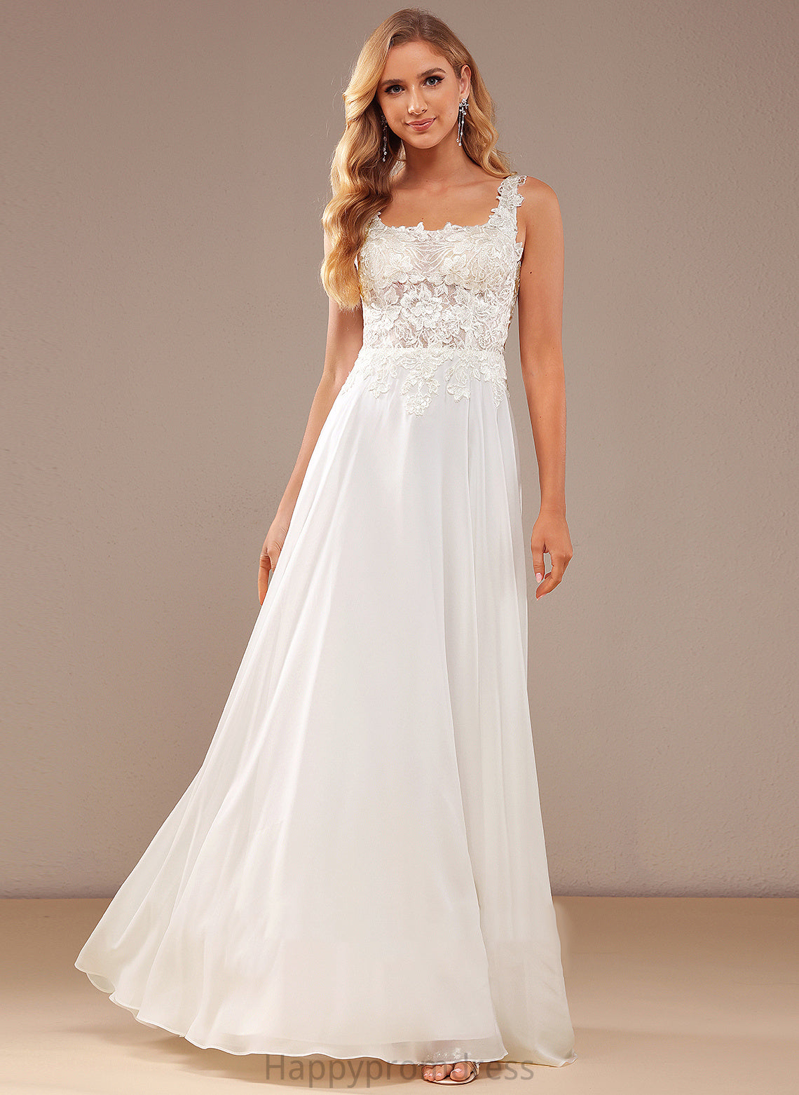 A-Line Neckline Wedding Square Chiffon Sequins Wedding Dresses Floor-Length Dress Leanna Lace Lace With