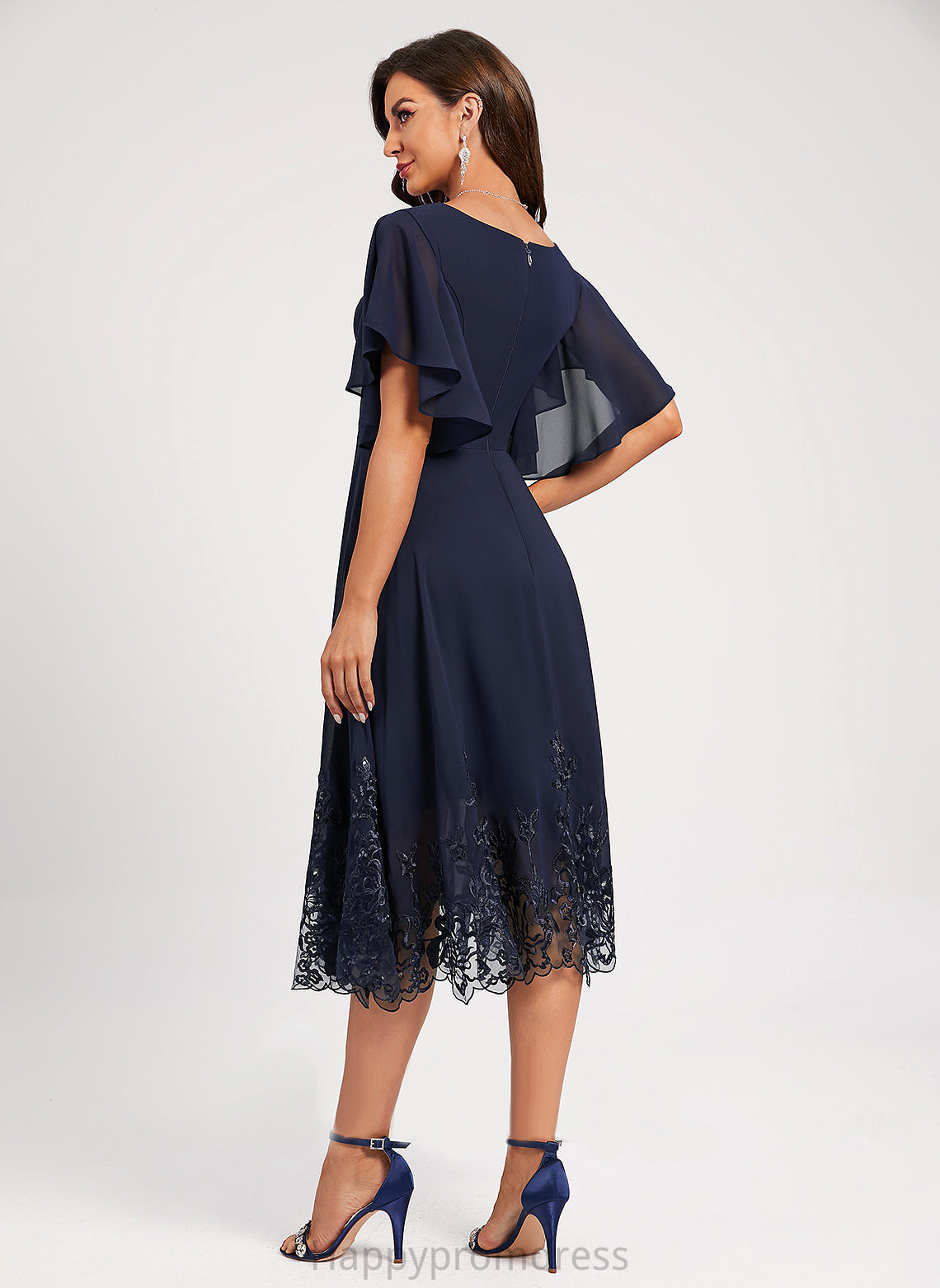 Sequined Tea-Length With V-neck Sequins Lace Yasmin Lace A-Line Dress Cocktail Dresses Cocktail