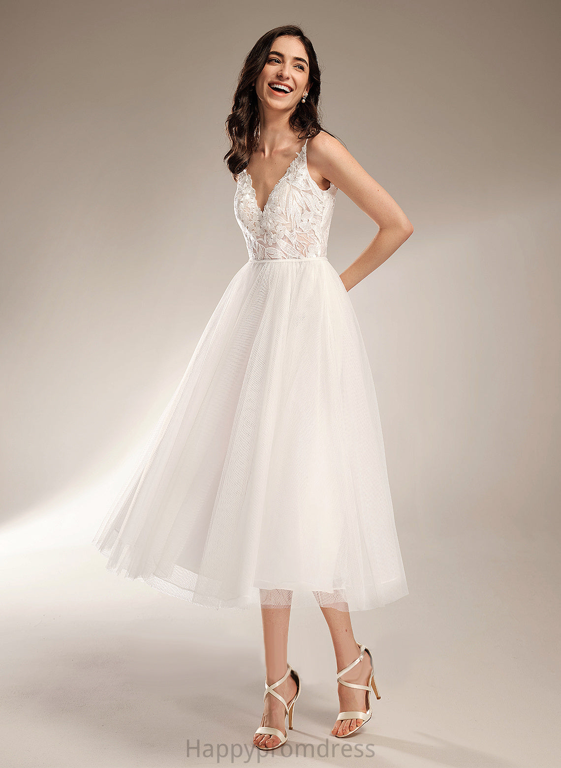 Wedding Dresses Tulle A-Line Lace Persis Dress Tea-Length Wedding V-neck