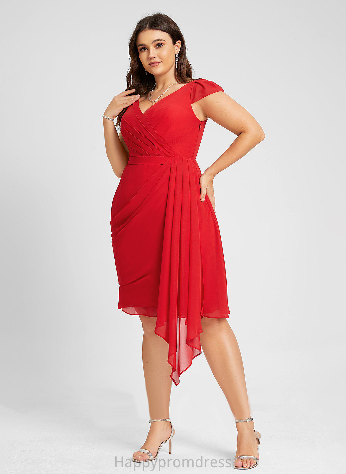 Ruffles Cocktail With Sheath/Column Chiffon Cascading Dress Cocktail Dresses Knee-Length V-neck Valery Ruffle