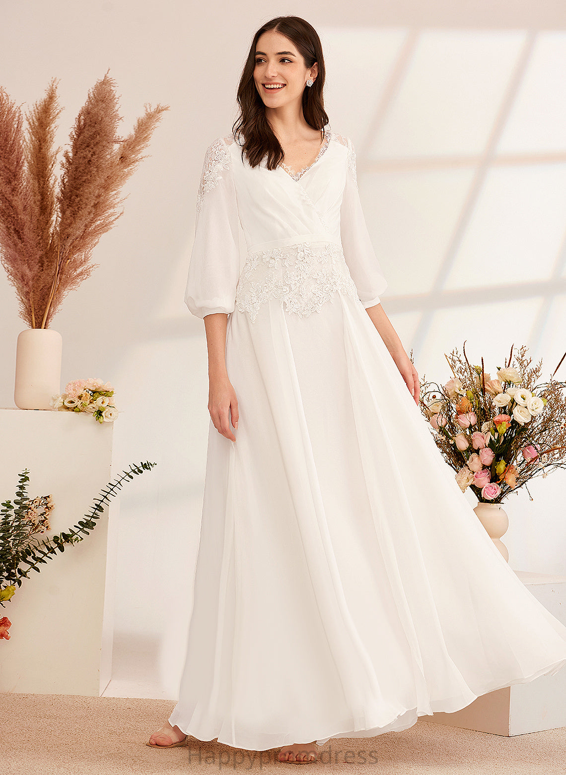 Wedding Dresses Wedding Riya A-Line V-neck With Floor-Length Lace Dress Chiffon