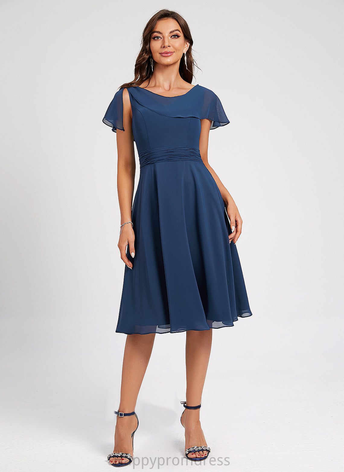 Cocktail A-Line Scoop Neck Cocktail Dresses With Pleated Ruffle Jacquelyn Chiffon Knee-Length Dress