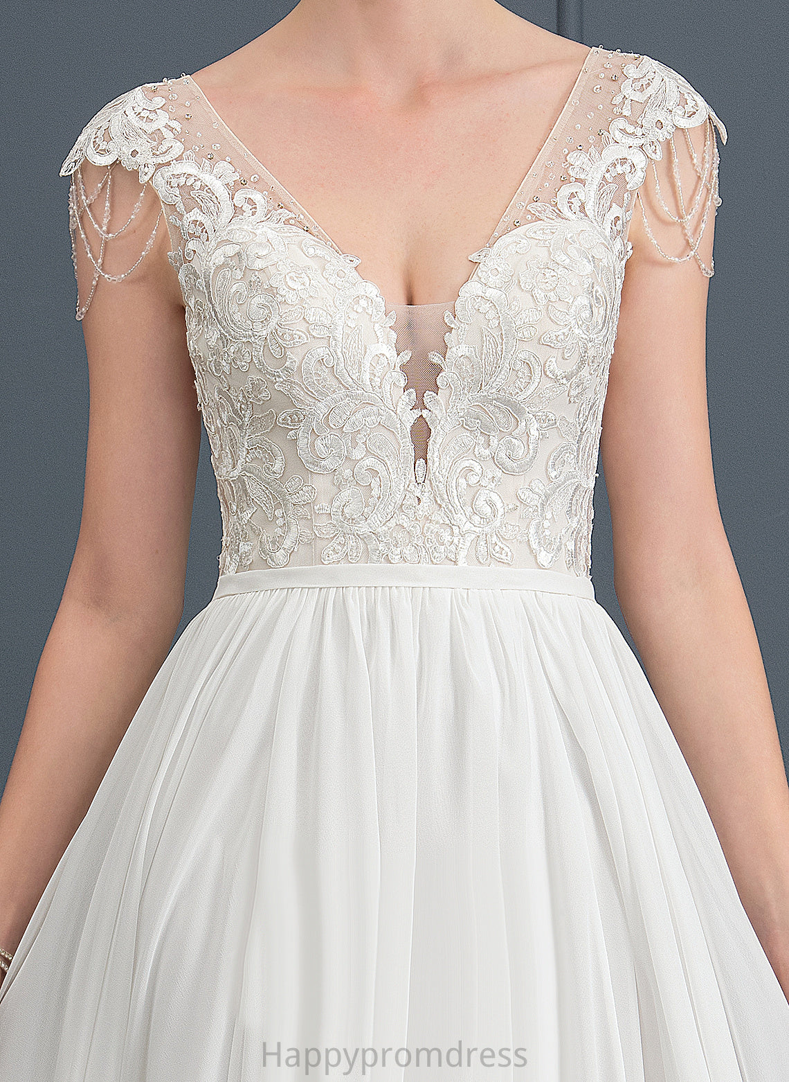 Wedding Dresses Alma Train Chiffon Wedding Lace With V-neck Sequins Beading Sweep Dress A-Line