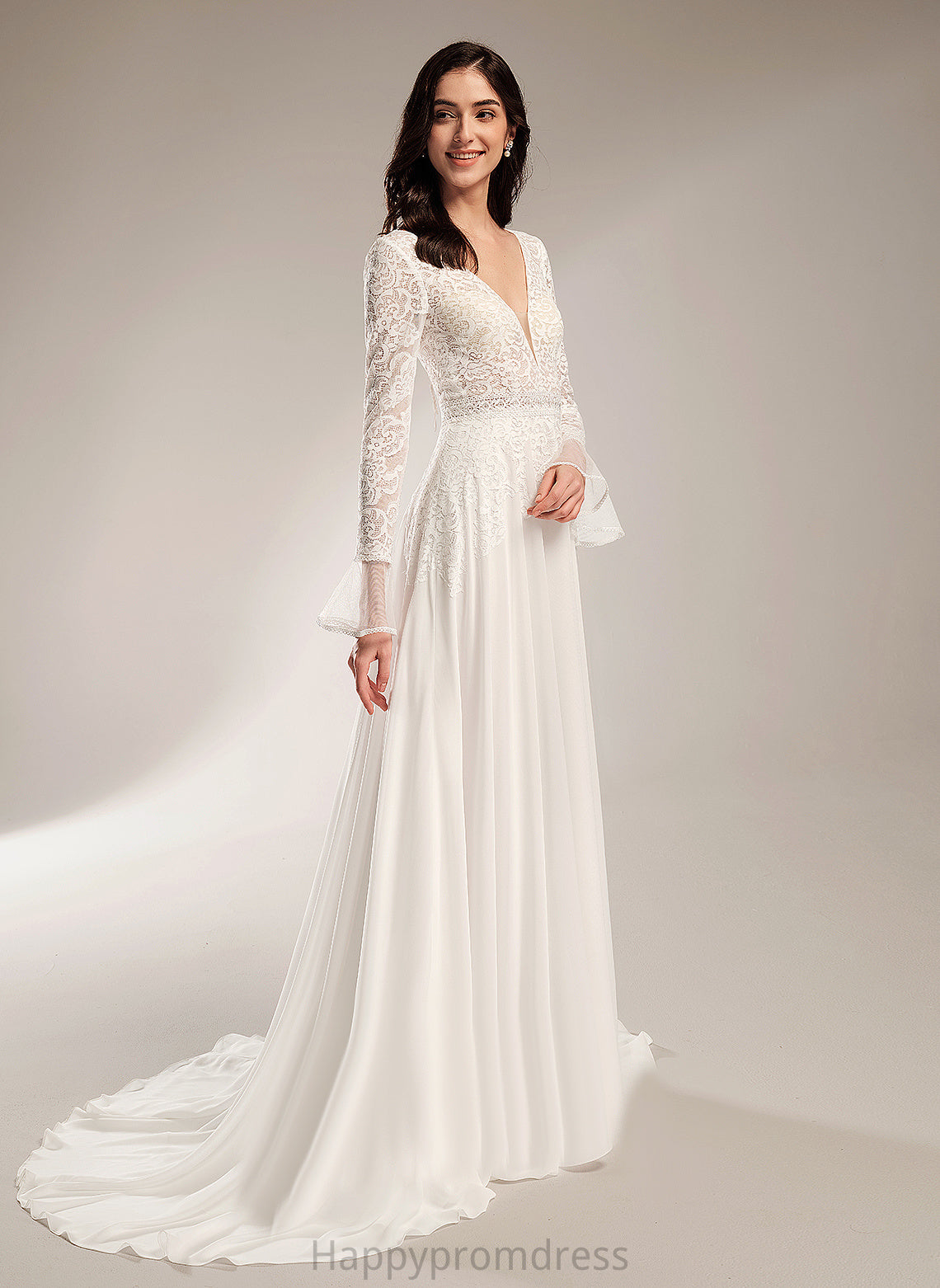 Wedding Dresses Wedding Ruffle Dress Lace Court V-neck Chiffon A-Line Train With Juliet