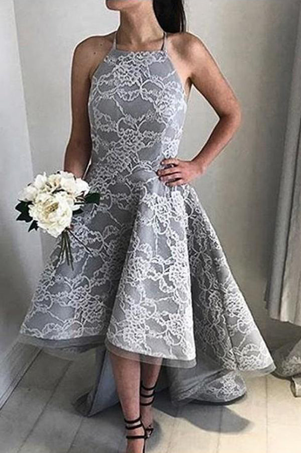 Gray A Line Asymmetrical Halter Sleeveless Lace Prom Dresses