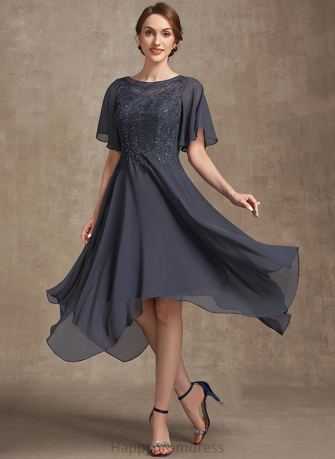 Scoop Chiffon of Bride A-Line Mother of the Bride Dresses Lace Tea-Length Dress Mother Marcia With Sequins the Neck