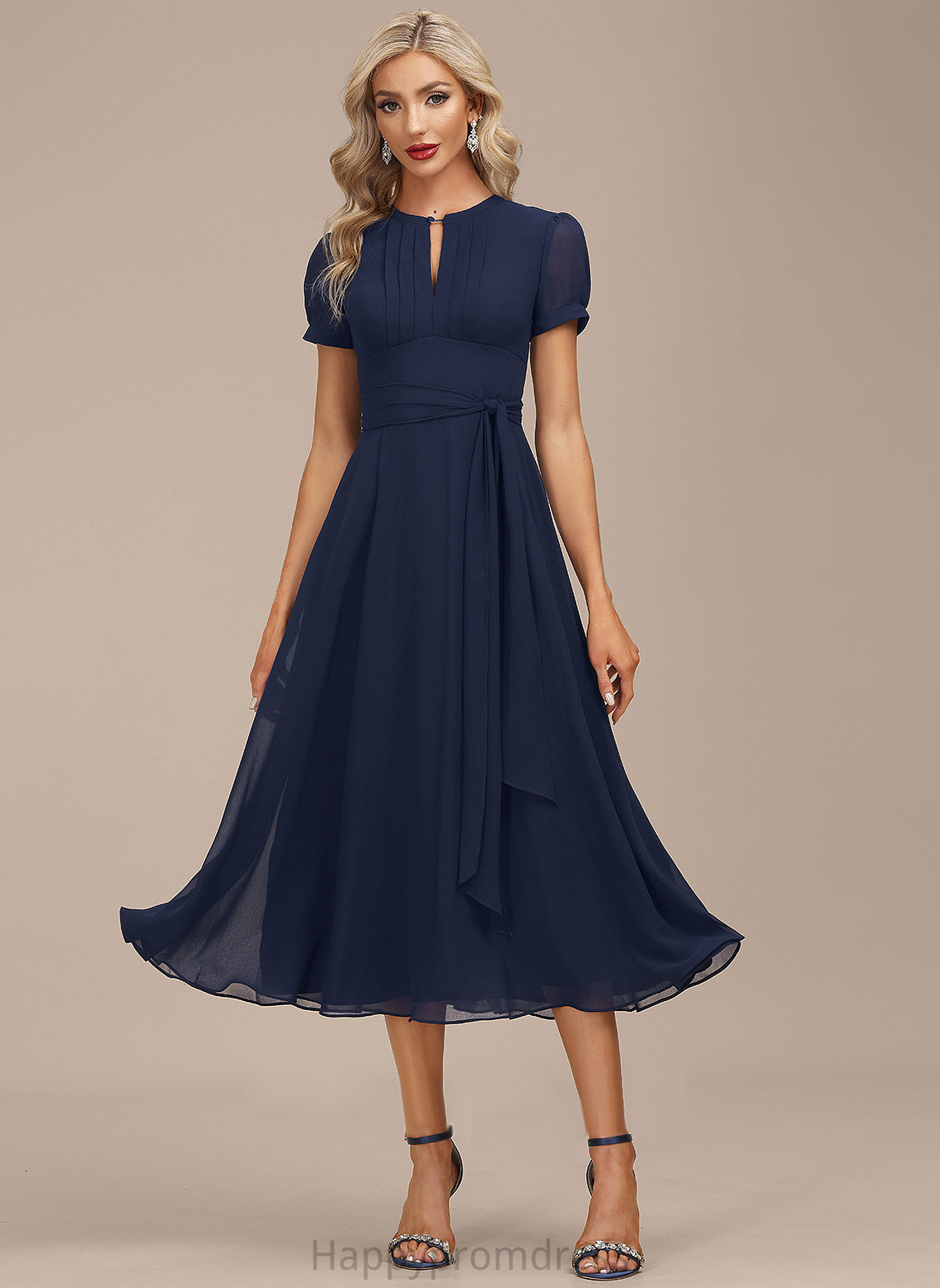 Scoop Cocktail Dresses Ruffle Chiffon Bethany A-Line Tea-Length Dress Neck With Cocktail