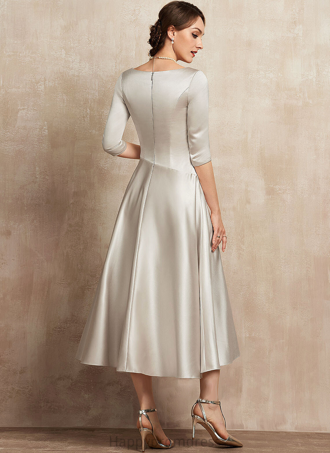 Bride Mother of the Bride Dresses Satin Mother Brenda A-Line With Ruffle Tea-Length V-neck Dress of the