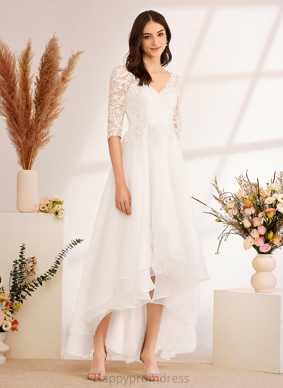 Wedding Dresses Tulle Alana With A-Line V-neck Asymmetrical Wedding Beading Sequins Lace Dress