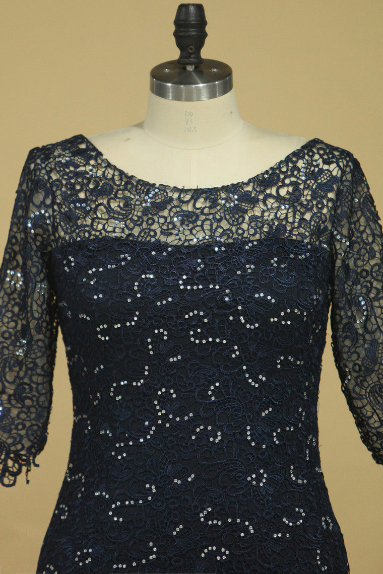 2024 Mother Of The Bride Dresses Scoop 3/4 Length Sleeve Dark Navy Spandex & Lace With Beads