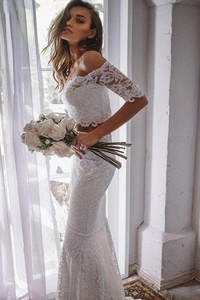 Two Pieces Ivory Lace Mermaid Off The Shoulder Wedding Dresses, Beach Wedding Gowns