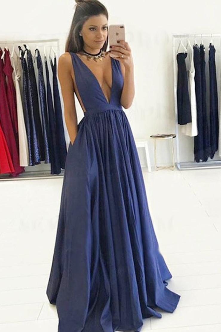 Simple Deep V-Neck Open Back Long Blue Prom Dresses